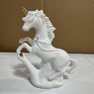 Ceramic Rearing Unicorn Figurine Statue White Gold Whimsical Magic Decor Horse
